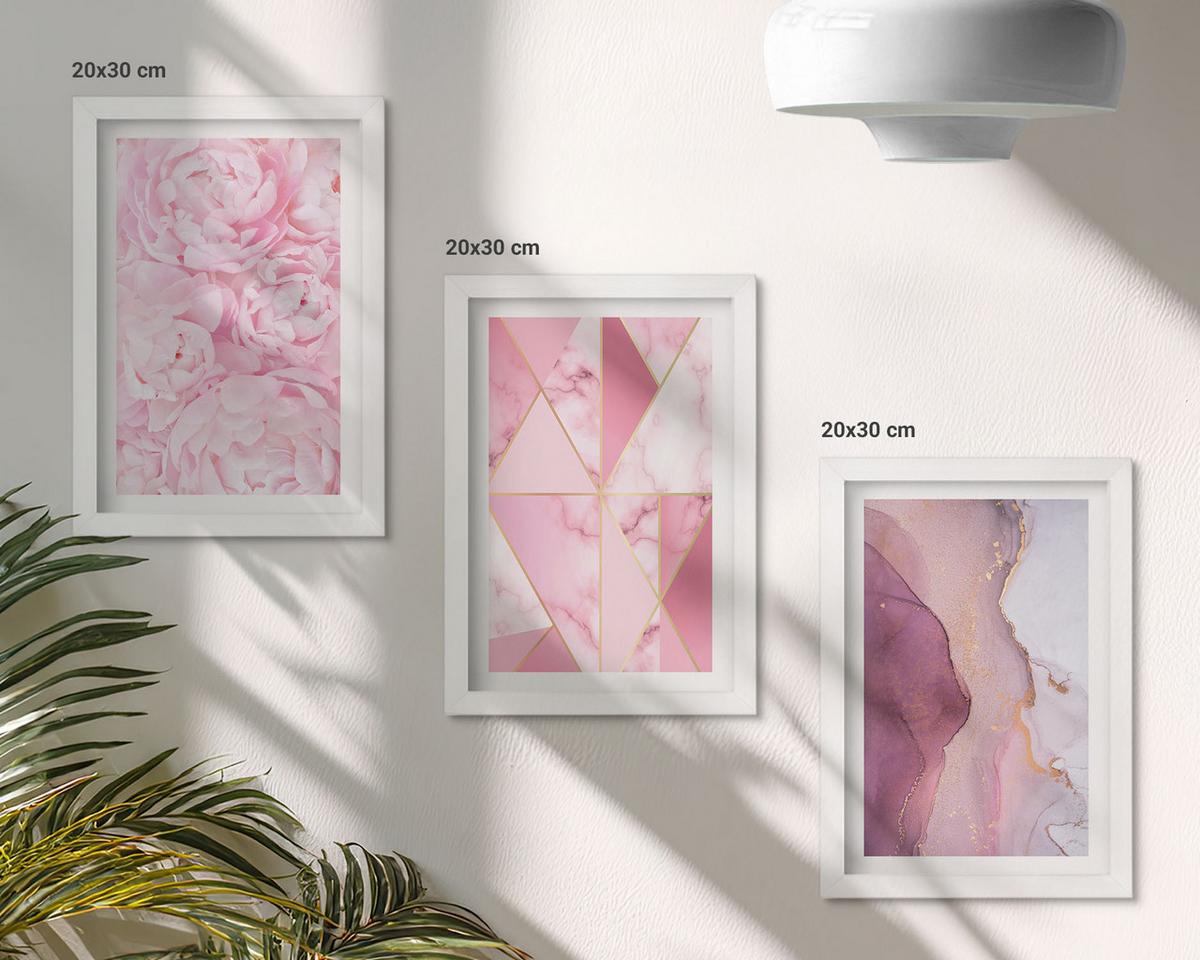 BILDER SET 3er Set - 20x30 cm Weißer Rahmen - Rosa geometrische Pfingstrosen - Weiß, Kunststoff (20/30cm) - TULUP