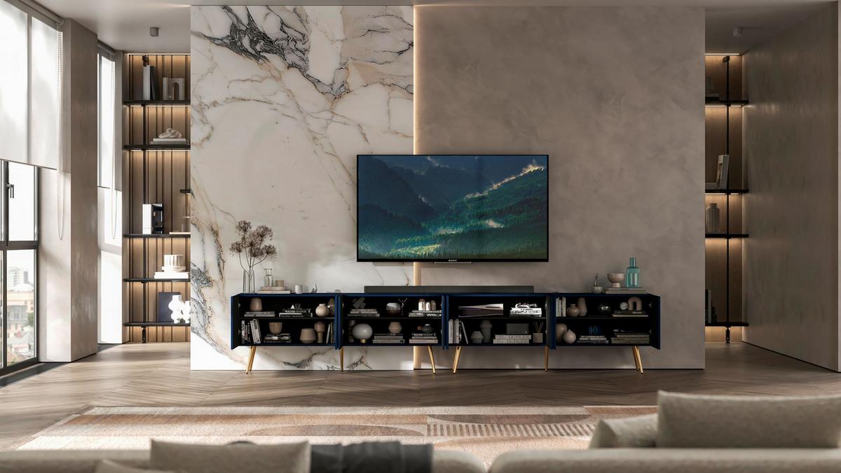 TV-LOWBOARD 2-er Set Elpis Marineblau mit goldenen Metallbeinen 150 cm - Blau/Goldfarben, Holzwerkstoff (300/60.5/36.5cm) - Meble Lindner