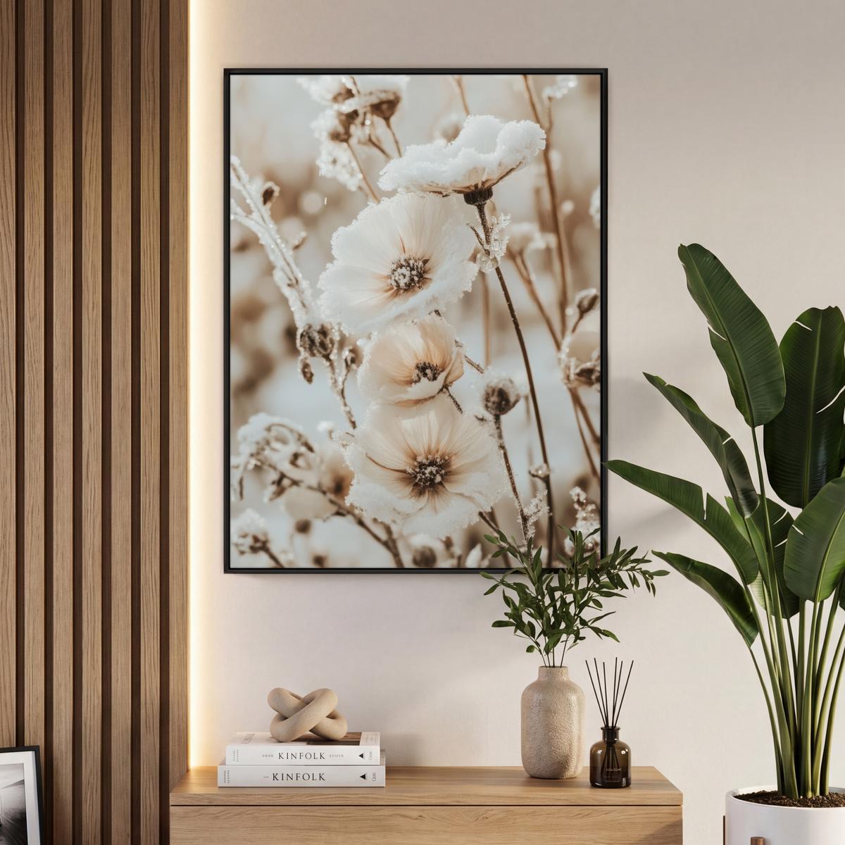 LEINWAND Bilder mit Rahmen - Blumen - Winter - Weiß - Schnee - Beige - 70x100 - Creme, Textil (70/100cm) - MuchoWow