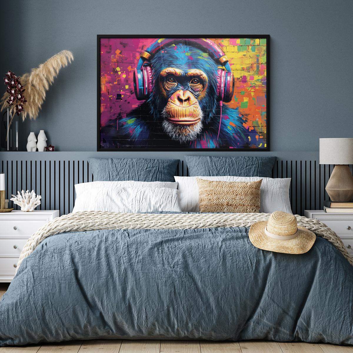 POSTER MIT RAHMENGERAHMTES BILD Graffiti - Schimpanse - Straßenkunst - Kopfhörer - Affe 120x80 cm - Blau, Papier (120/80cm) - MuchoWow