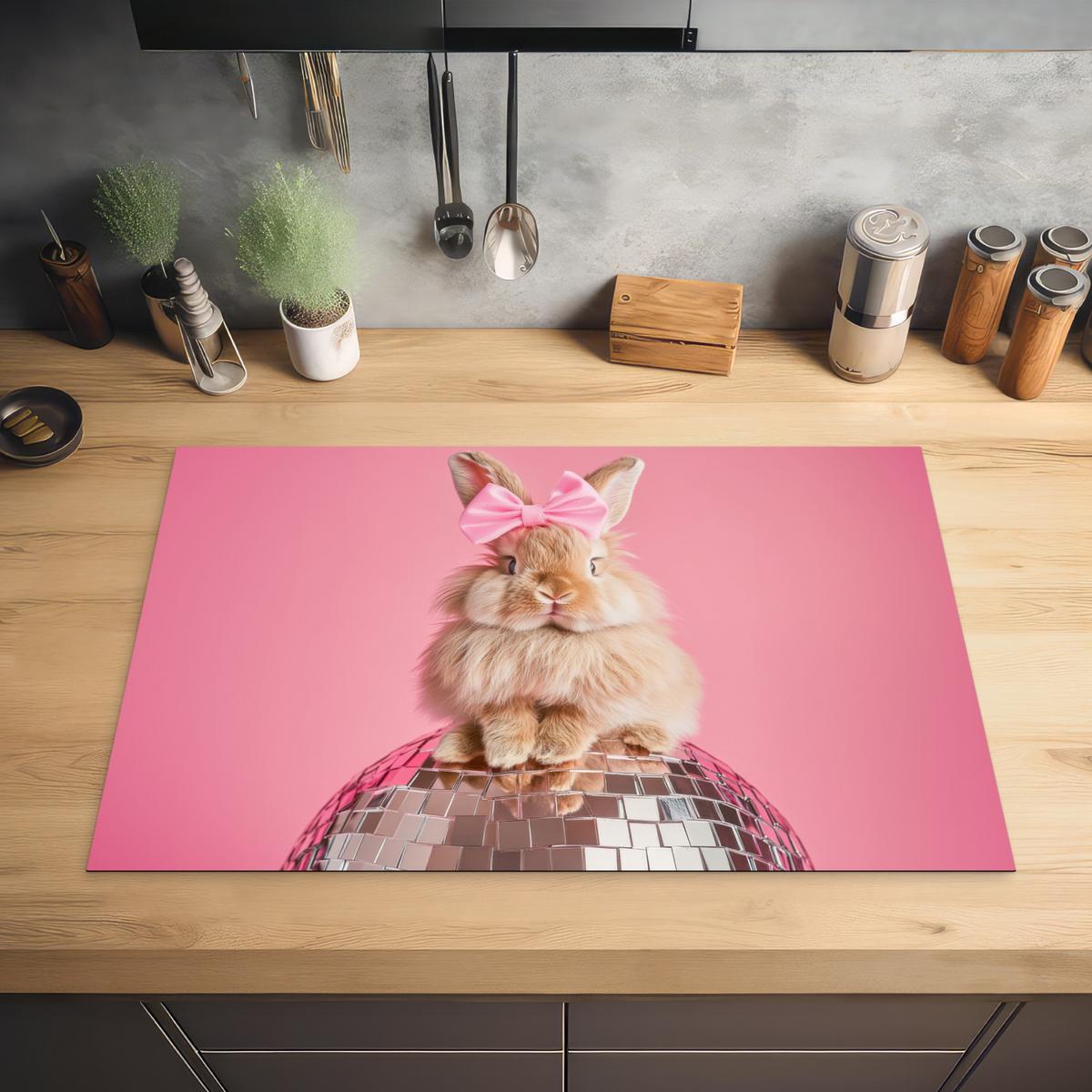 HERDABDECKPLATTE Schleife - Discoball - Kaninchen Ceranfeldabdeckung 80x52 cm - Pink, Kunststoff (80/52/0.2cm) - MuchoWow