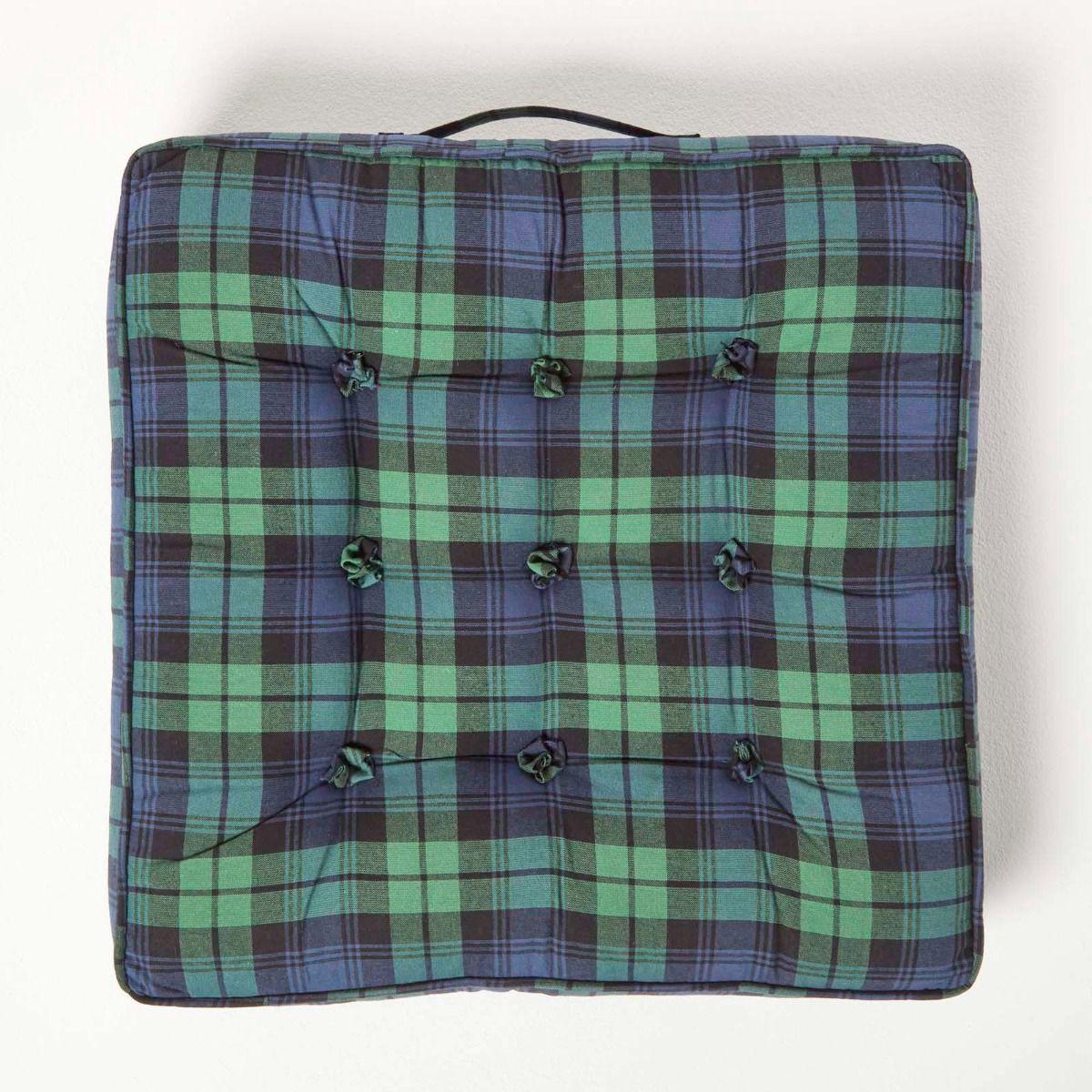 SITZKISSEN blau-grün kariert 50/50/10 cm – Sesselkissen Baumwolle - Blau, Textil (50/50/10cm) - Homescapes