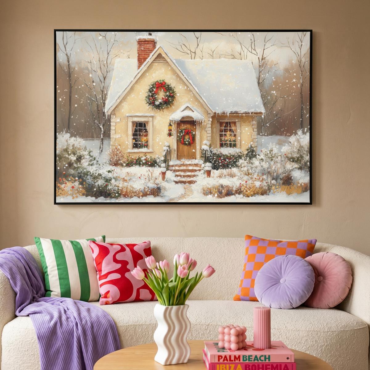 LEINWAND Bilder mit Rahmen - Weihnachten - Zuhause - Winter - Schnee - 120x80 - Creme, Textil (120/80cm) - MuchoWow