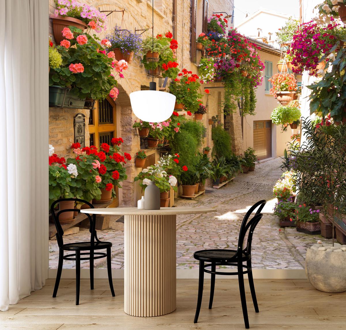 FOTOTAPETE für Wohnzimmer Italienische Steinstraße Blumen Pflanzene 350x256 - Beige/Rot, Papier (350/256cm) - Muralo
