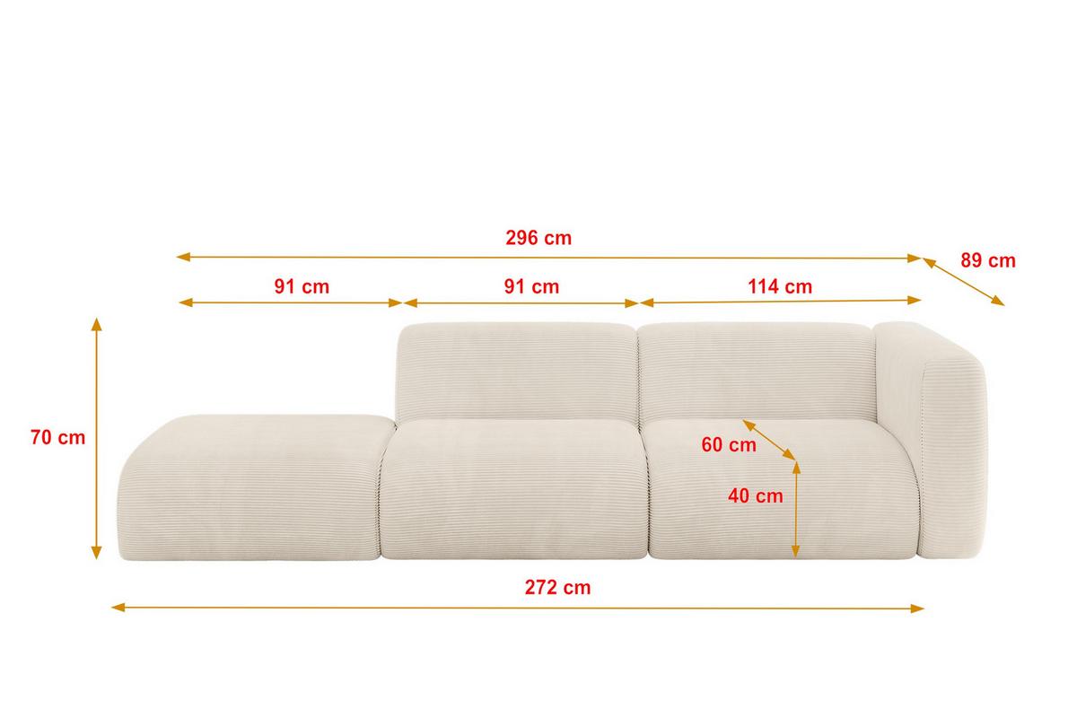 SOFA Ottomane Rechts MIRA-S3 296x89x70 Beige Cord - Sandfarben/Beige, Holzwerkstoff/Kunststoff (296/70/89cm) - ALTDECOR
