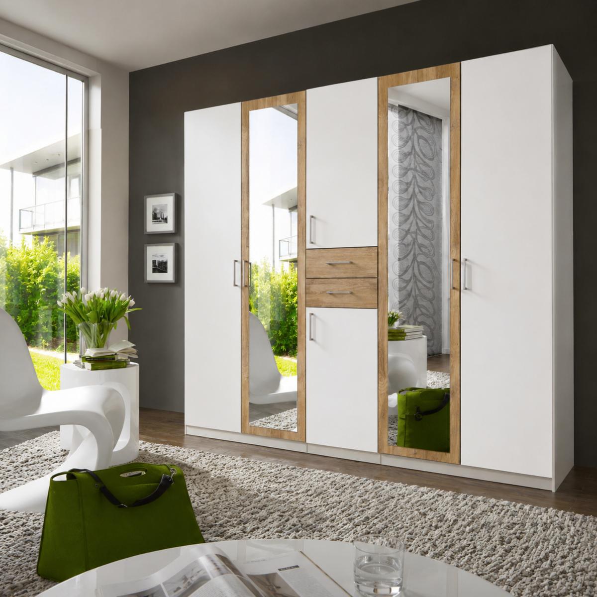 DREHTÜRENSCHRANK B225/H208/T58 cm, Weiß mit Absetzungen in Eiche Dekor, Kleiderschrank mit 2 Spiegeltüren & Schubkästen / 22591 - Eichefarben/Silberfarben, Holzwerkstoff/Kunststoff (225/208/58cm) - luma-home