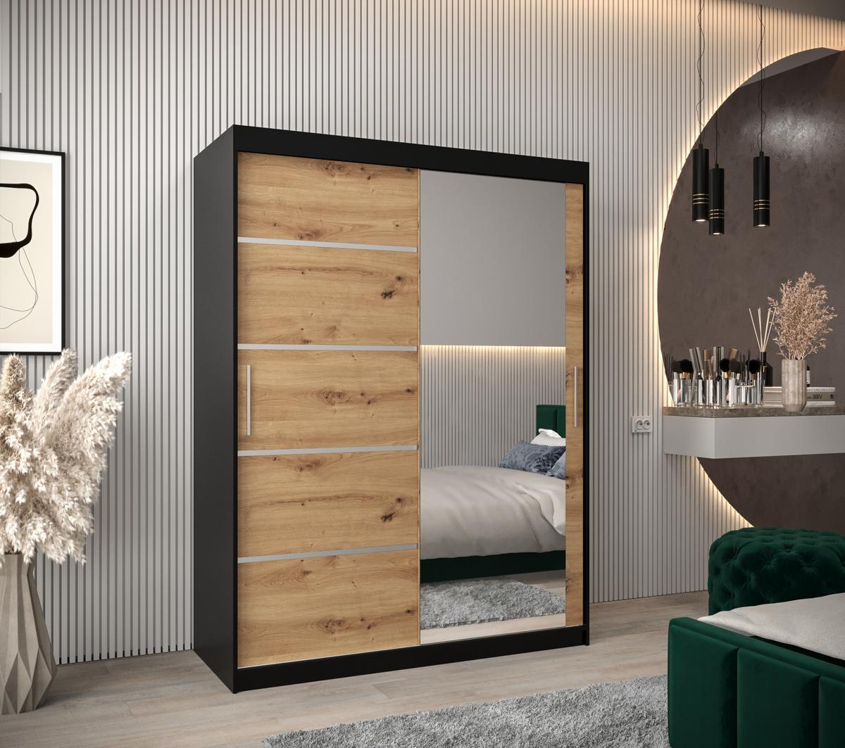 SCHWEBETÜRENSCHRANK 200/150/62 2-türig - Silberfarben/Schwarz, Holz/Kunststoff (150/200/62cm) - MÖBEL KRYSPOL
