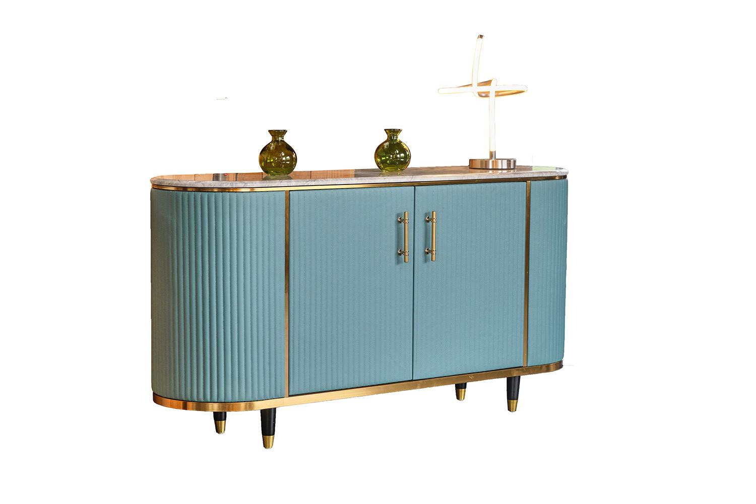 SIDEBOARD MARIA Hellblau Marmor, Kunstleder - Schwarz/Hellblau, Stein/Metall (150/76/40cm) - KAWOLA