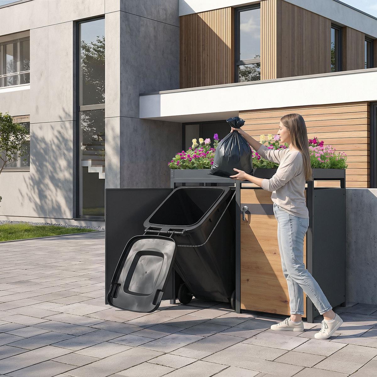 MÜLLTONNENBOX 4er mit Pflanzdach Anthrazit-Holzoptik - Braun, Metall (264/124/80cm) - ML-DESIGN