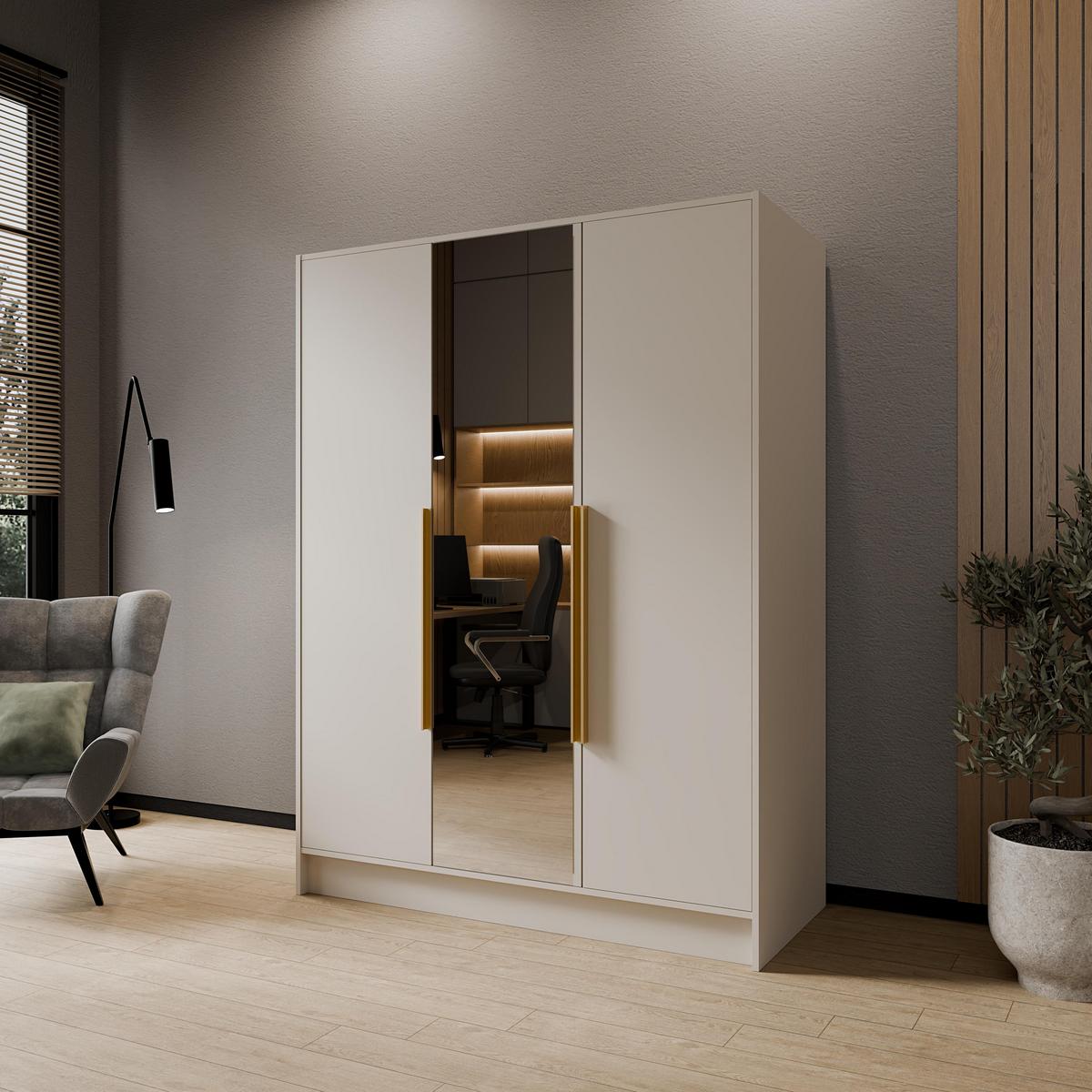 DREHTÜRENSCHRANK RENVO 150/200/51 cm Modern Kleiderschrank 3-türig mit Spiegel Kaschmir - Kaschmir, Holzwerkstoff (150/200/51cm) - MASSENO