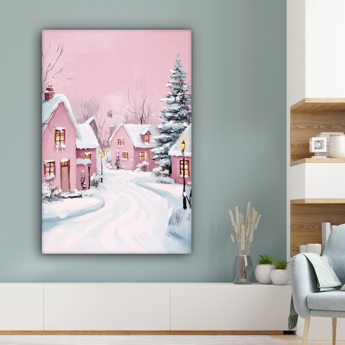 LEINWANDBILD Weihnachtsdorf - Rosa - Winter - Schnee - Häuser Deko XXL 80x120 cm - Altrosa, Textil (80/120cm) - MuchoWow