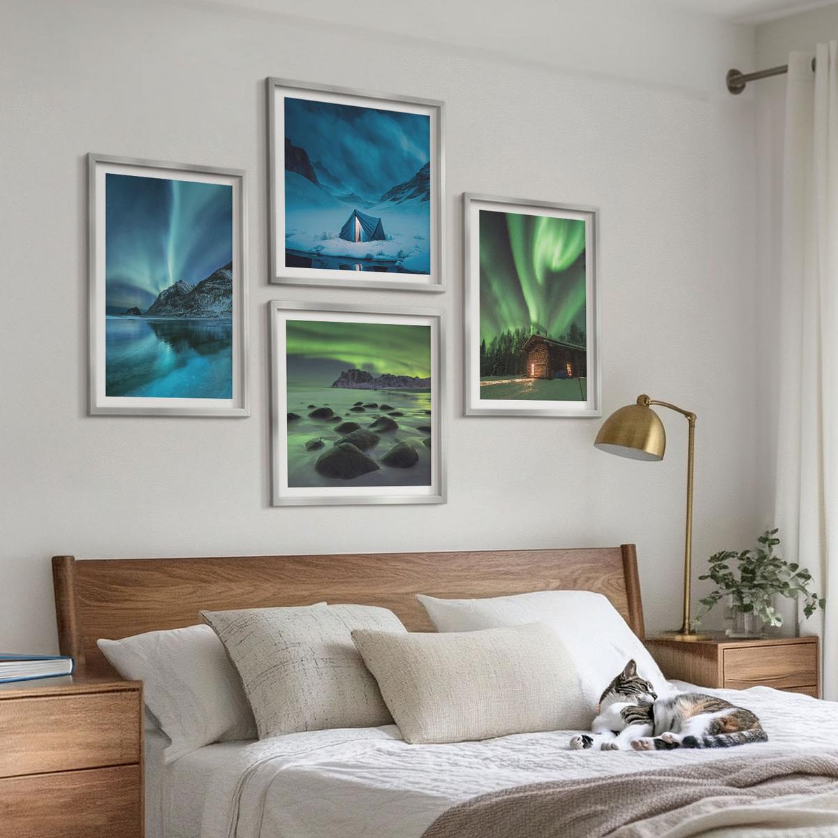 BILDER SET 4er Set - 50x50 cm & 40x60 cm Silberner Rahmen - Winterlandschaften, Nordlichter, Berge - Silberfarben, Kunststoff (50/50cm) - TULUP