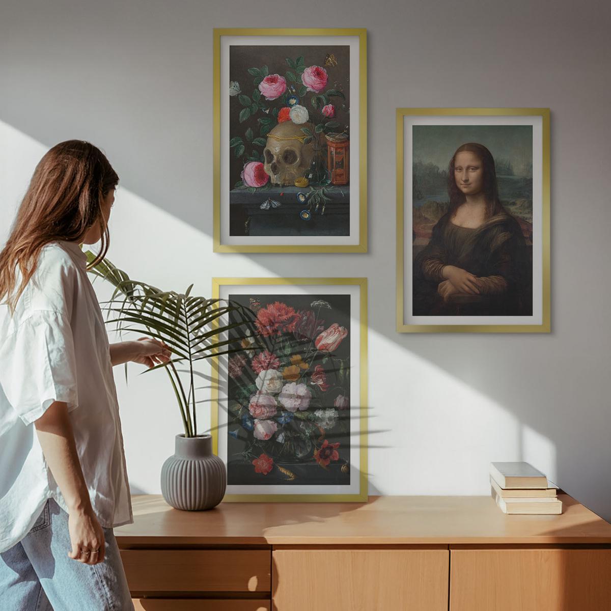 BILDER SET 3er Set - 40x60 cm Goldrahmen - Blumenschädel-Porträt Mona Lisa - Goldfarben, Kunststoff (40/60cm) - TULUP