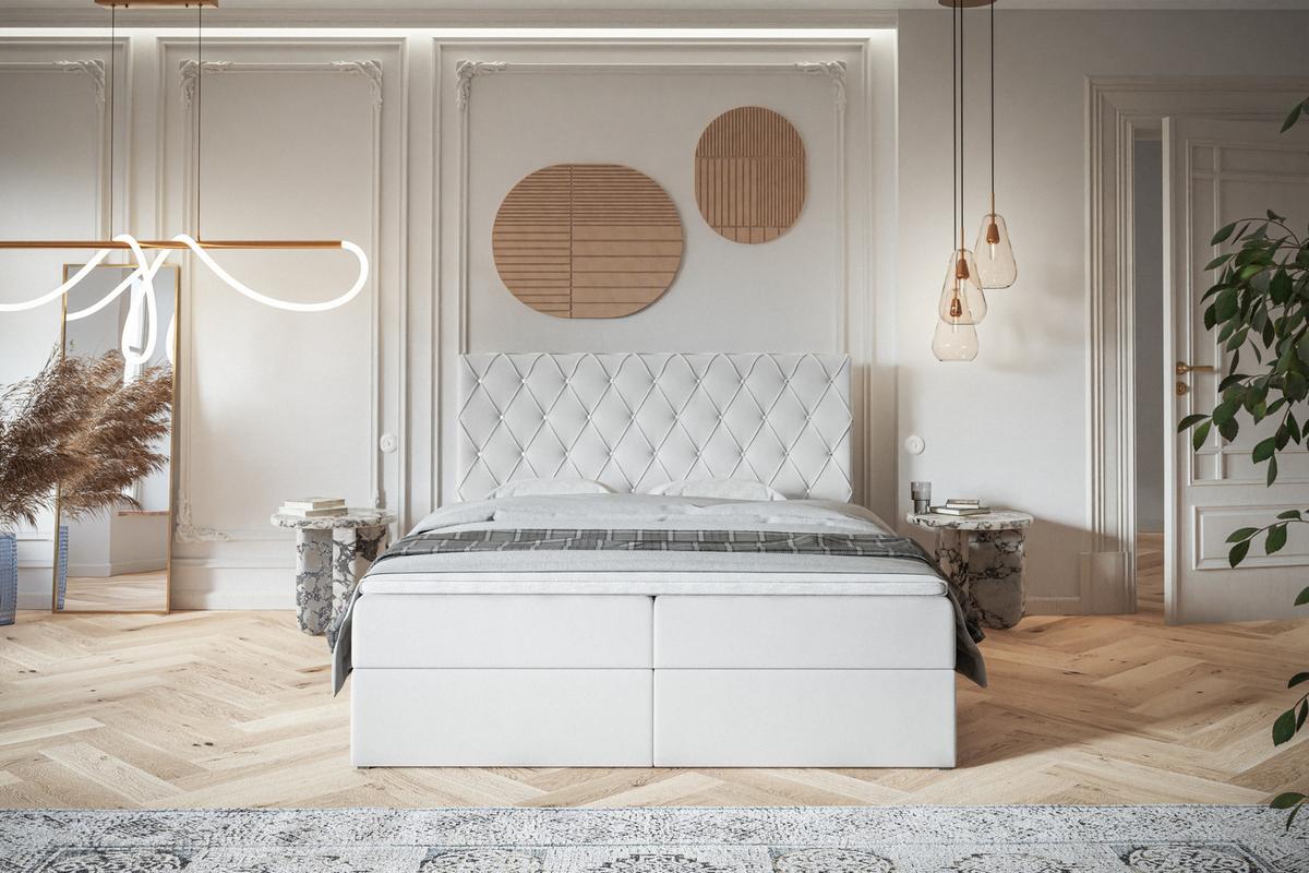 BOXBETT BOSTON mit 2 Bettkästen, 160x200, Farbe: Weiß, Kunstleder, Doppelbett mit Bonell-Matratze - Weiß, Holz/Kunststoff (160/200cm) - Alpi-Möbel