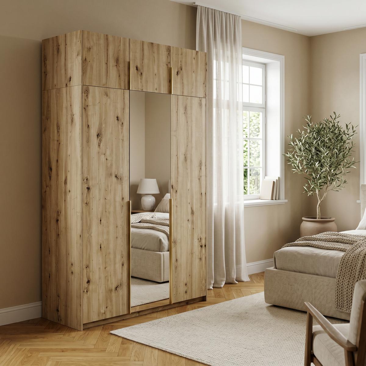 DREHTÜRENSCHRANK THALIA 148/250/58cm 3-türig mit Spiegel Eiche Artisan - Eiche Artisan, Holzwerkstoff (148/250/58cm) - MASSENO