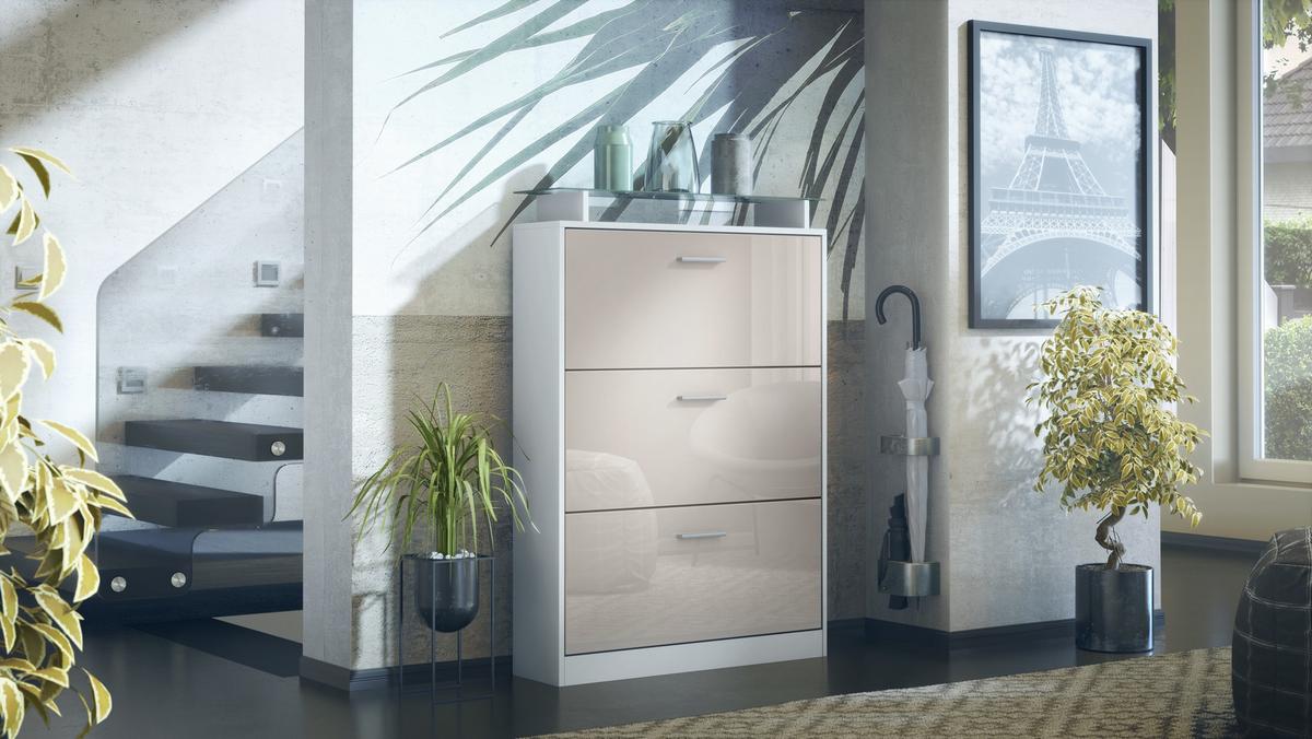 SCHUHSCHRANK Lavia Front in Sandgrau Hochglanz - Sandfarben, Holzwerkstoff (89/128/23cm) - Vladon