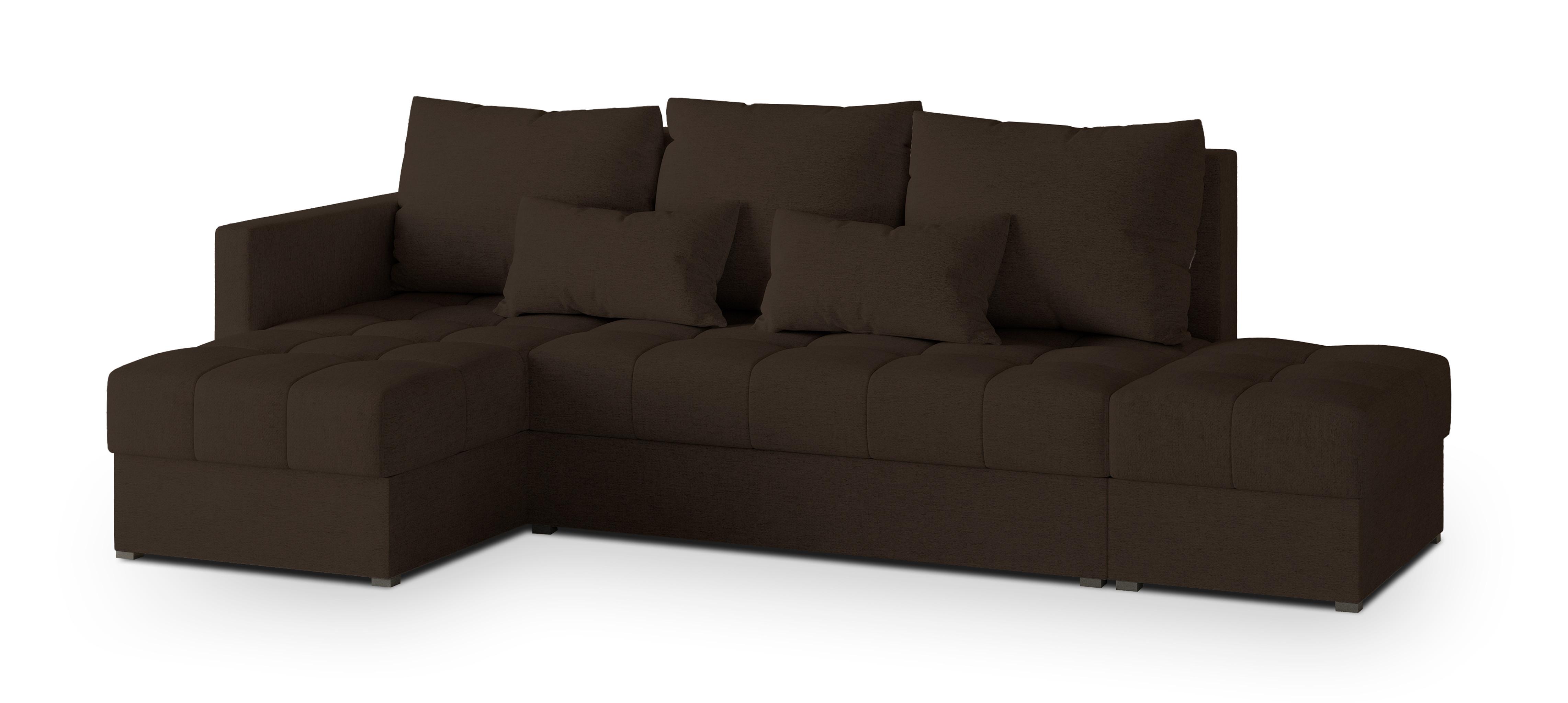 ECKSOFA LUMARI L-S Braun Plüsch-Stoff mit Schlaffunktion - Dunkelbraun, Holz (262/143cm) - MASSENO
