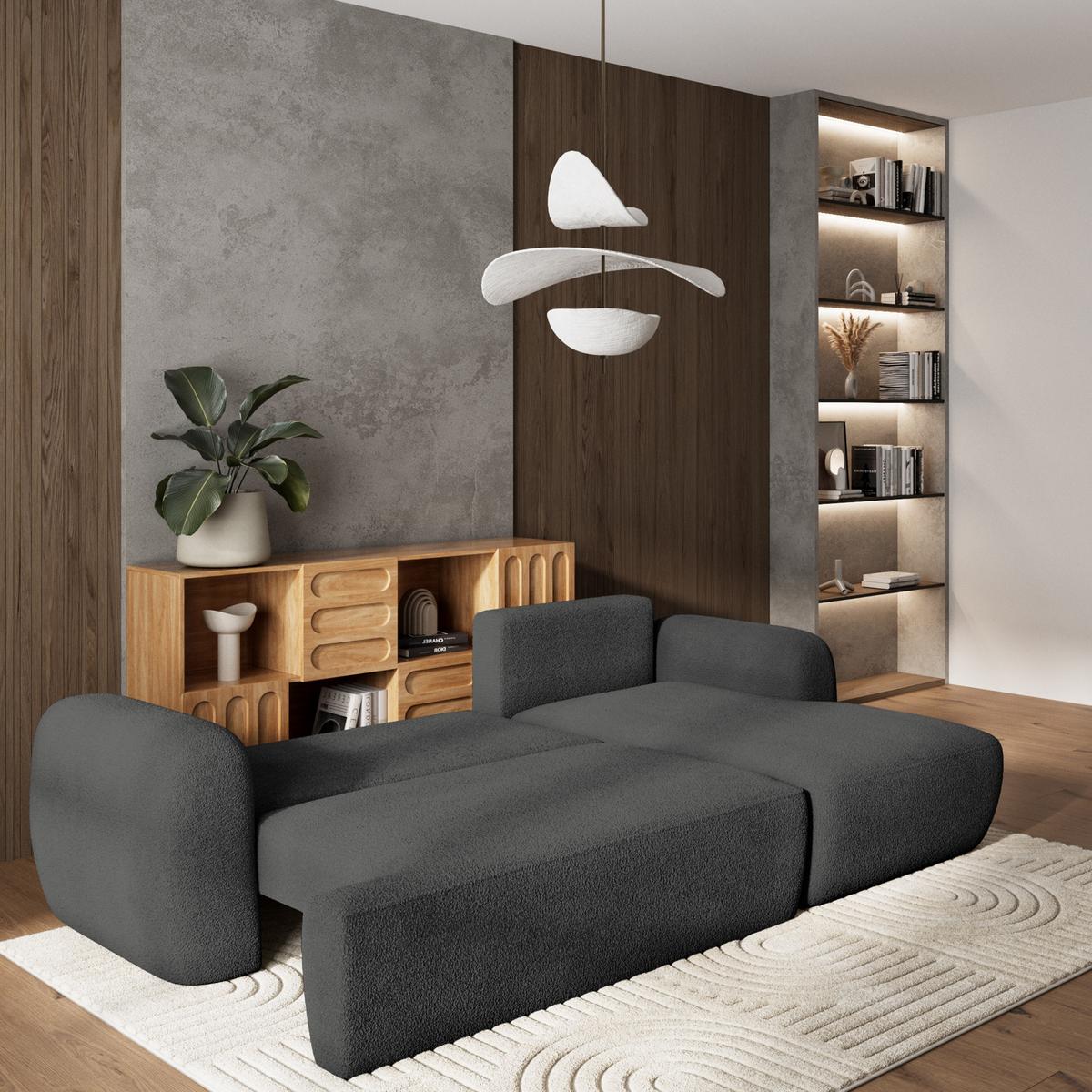 ECKSOFA MODENZA N R-S Grau Boucle-Stoff mit Schlaffunktion - Schwarz/Grau, Holz/Kunststoff (266/148cm) - MASSENO