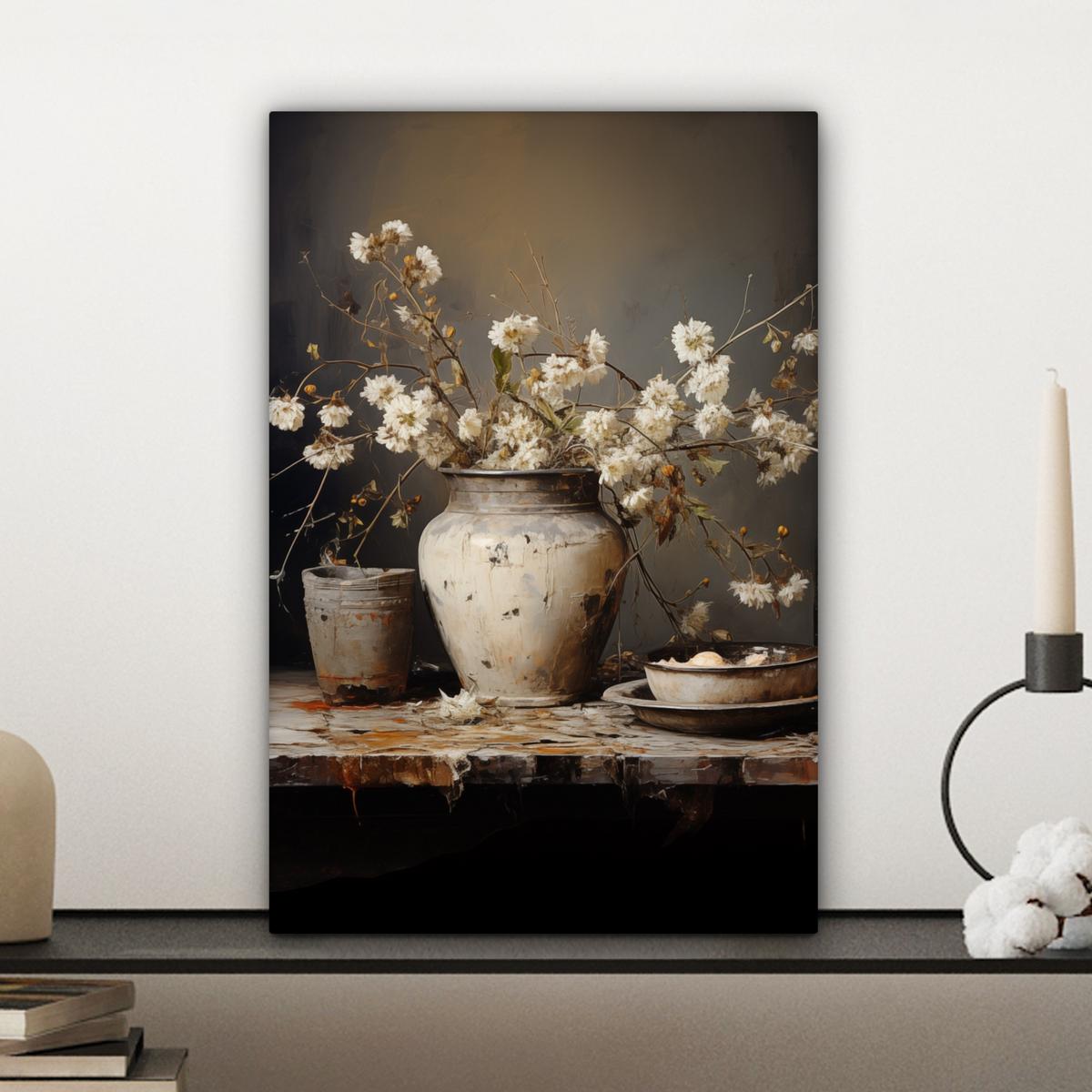 LEINWANDBILD Stilleben - Blumen - Blumenstrauß - Vase - Wein Deko Wohnzimmer 20x30 cm - Schwarz, Textil (20/30cm) - MuchoWow