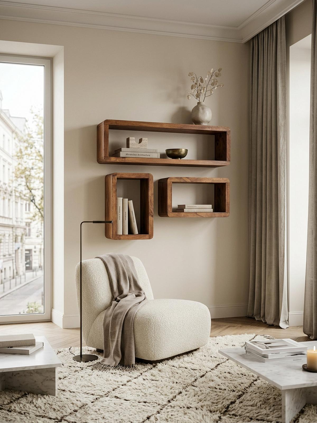 WANDREGAL Set TEKO CUBES Massivholz Abgerundete Ecken, Braun 80x15x20 cm - Braun, Holz (80/20/15cm) - KADIMA DESIGN