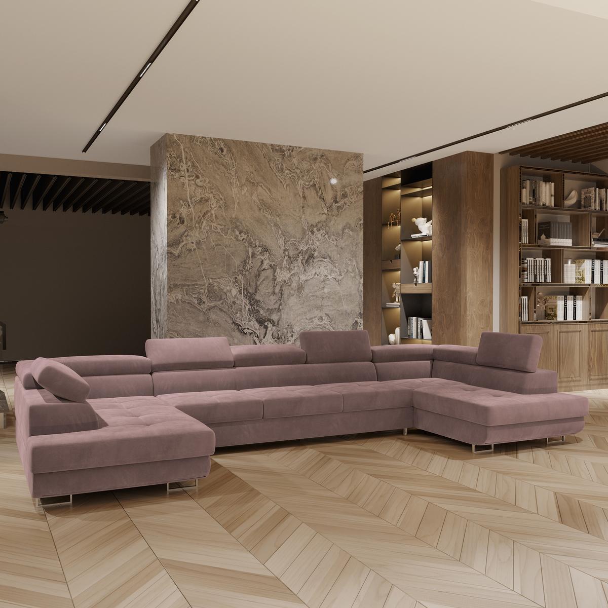 WOHNLANDSCHAFT ISOLANO Lila Velours-Stoff mit Schlaffunktion - Lila, Holz (408/90/202cm) - MASSENO