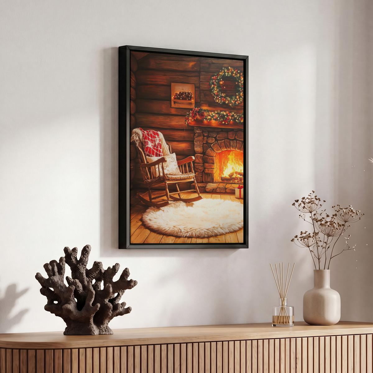 LEINWAND Bilder mit Rahmen - Winter - Weihnachten - Zuhause - Kamin - 20x30 - Bernsteinfarben, Textil (20/30cm) - MuchoWow
