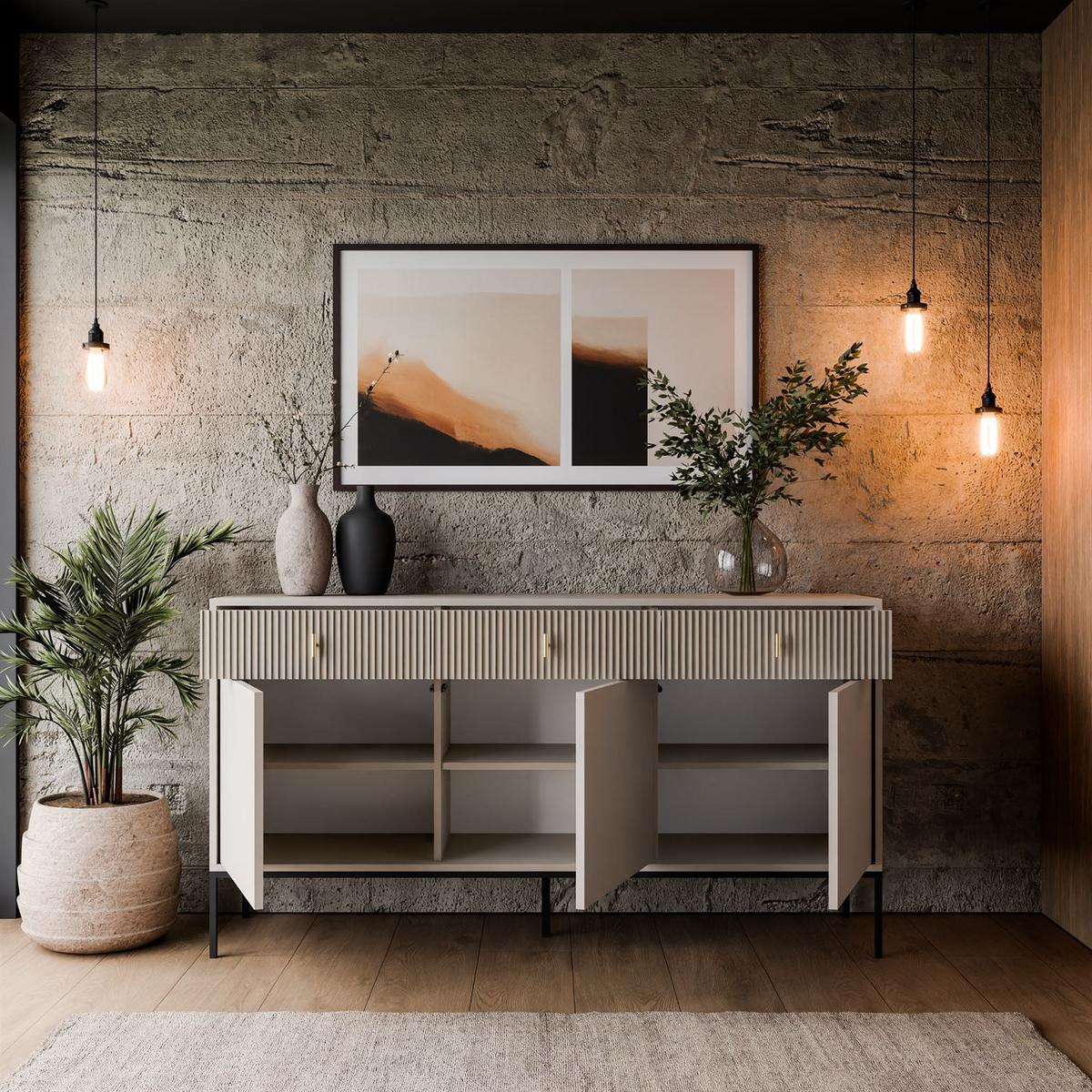 SIDEBOARDS MIDNIGHT 3D3S mit drei Schubladen auf Gestell kaschmir - Kaschmir/Schwarz, Holzwerkstoff (154.5/82.5/39cm) - Lookway