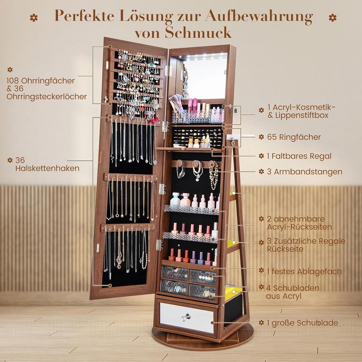 SCHMUCKSCHRANK 164cm Braun - Braun, Holz (56/164/37cm) - COSTWAY