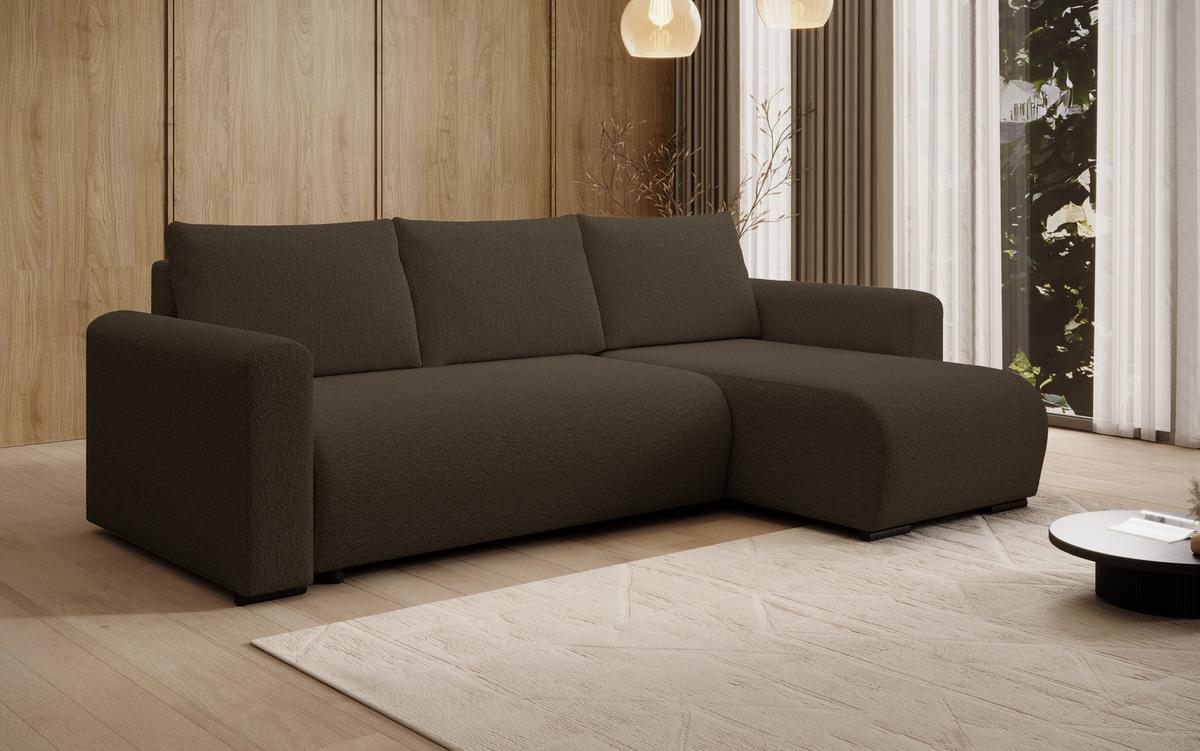ECKSOFA DORA L, Eckcouch in L-Form mit Schlaffunktion und Bettkasten, Farbe: Dunkelbraun, Bouclé-Stoff, Ottomane Rechts - Dunkelbraun, Textil (240/143cm) - Storez24