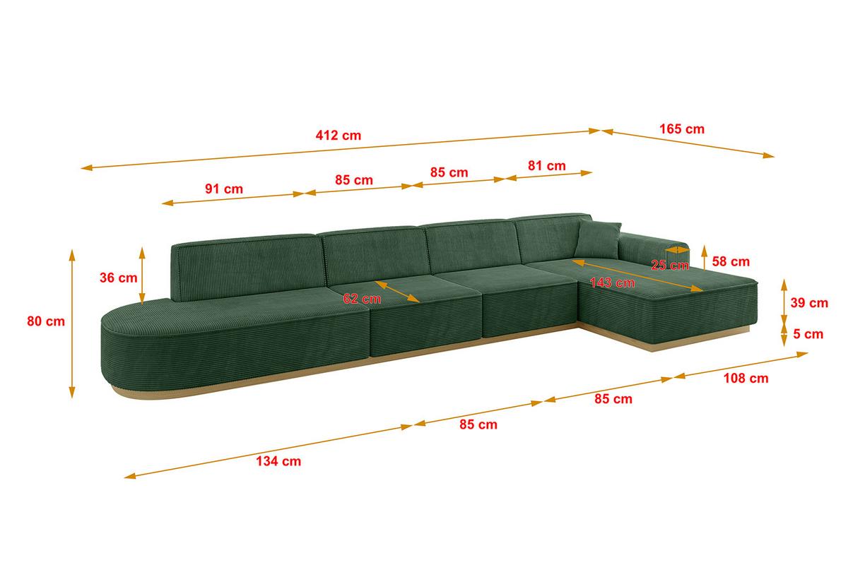ECKSOFA Ottomane Rechts IREA-L3-v2 - 412x165x80 cm Grün - Currygelb, Holzwerkstoff/Textil (412/165cm) - ALTDECOR