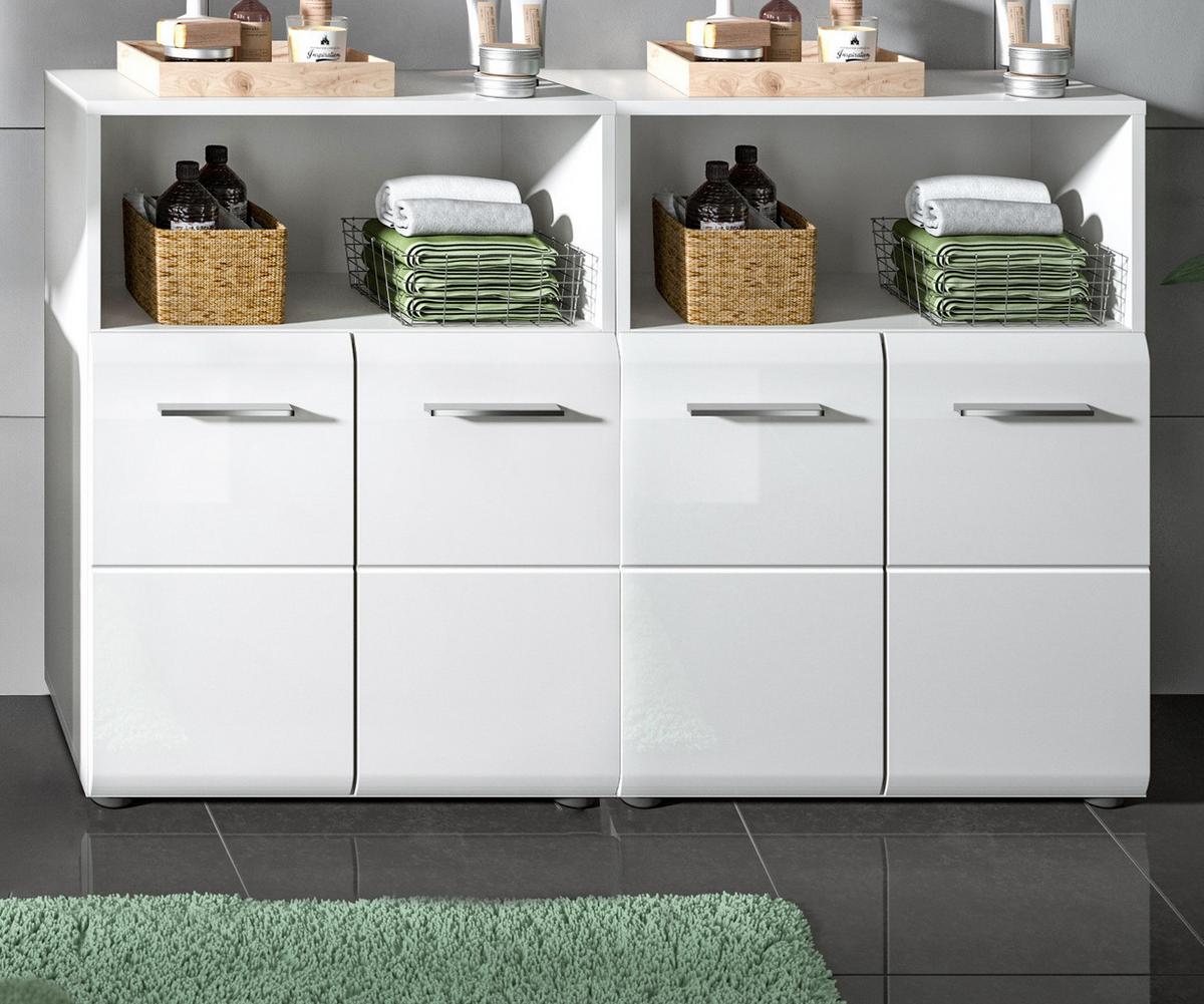 BADKOMMODE weiß Hochglanz 4-türig 120 x 106 cm, Set 2x Badezimmer Kommode - Weiß Hochglanz/Silberfarben, Holzwerkstoff/Kunststoff (120/80/30cm) - Inn.Furn