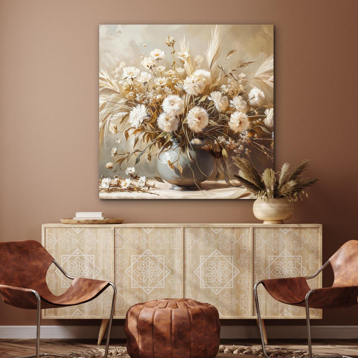 METALLBILD Blumen - Vase - Stilleben - Beige 90x90 cm - Creme, Metall (90/90cm) - MuchoWow