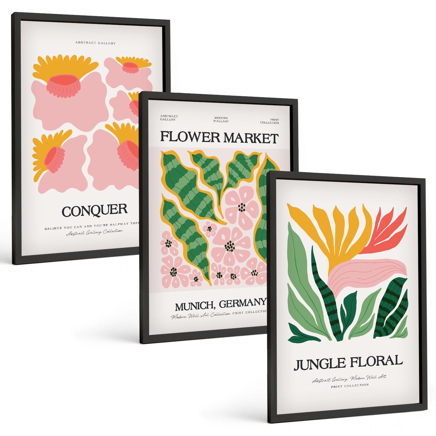 BILDER SET 3er Set - 40x60 cm Schwarzer Rahmen - Blumen und Blätter – moderne Poster - Schwarz, Kunststoff (40/60cm) - TULUP