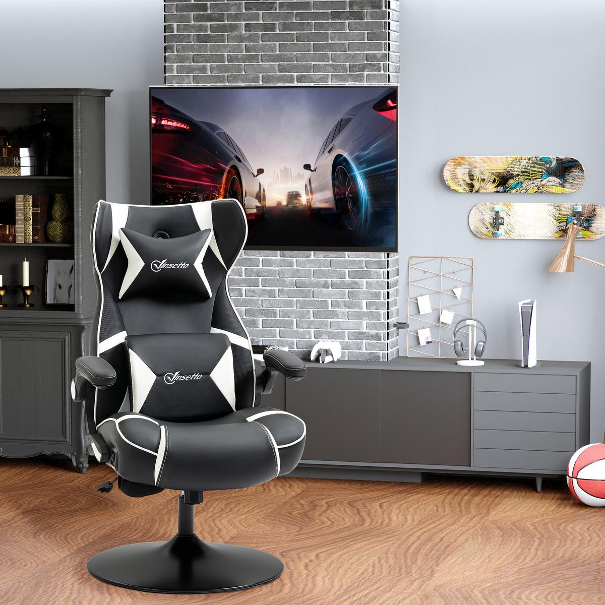 GAMINGSESSEL mit Wippfunktion Gaming Stuhl mit Lautsprecher Bürostuhl PU - Schwarz/Weiß, Leder (73/118/69cm) - Vinsetto