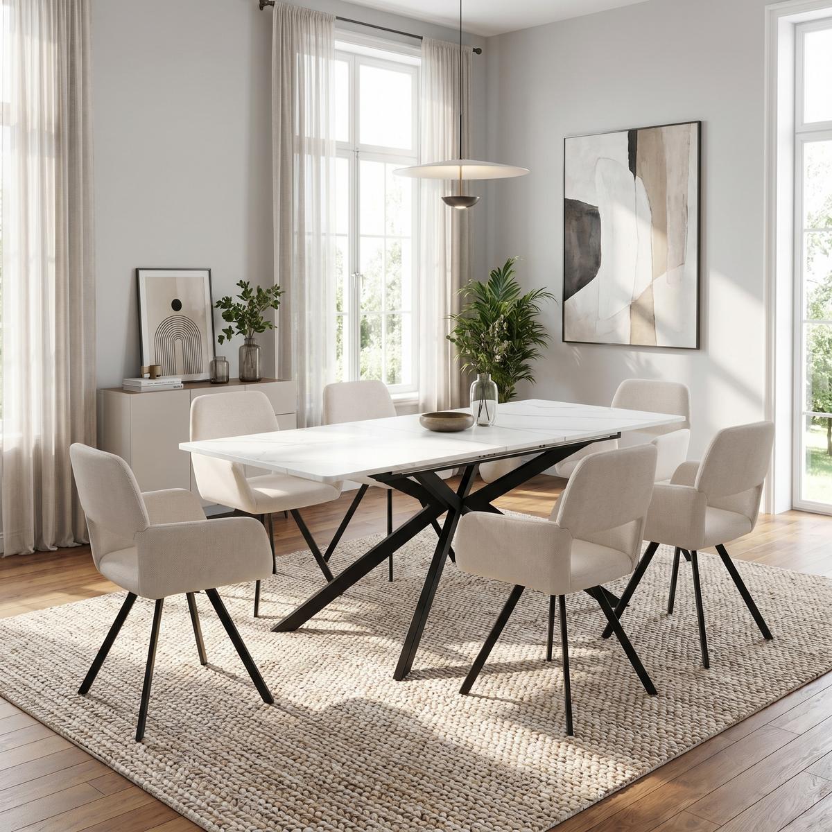 ESSTISCH-SET 1+6, ausziehbarer Tisch mit 6 Esszimmerstühlen - Schwarz/Weiß, Holzwerkstoff (180/75.5/70cm) - Urban Meuble