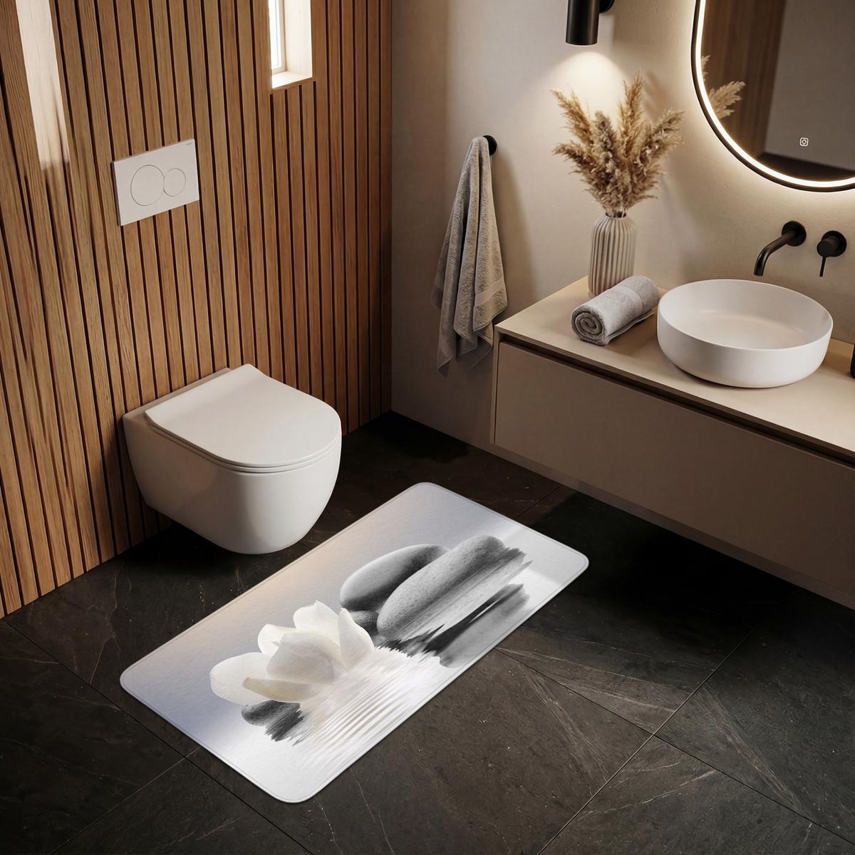 BADEMATTE Steine - Lotus - Weiß - Wasser - Zen 120x60 cm - Weiß, Textil (120/60cm) - OnlyWow