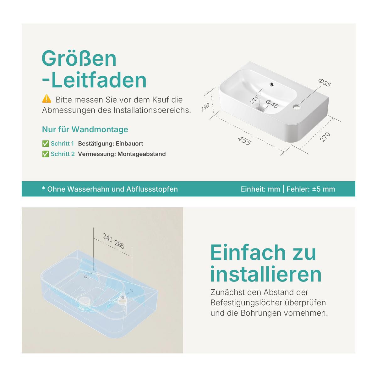 WASCHBECKEN Rechteckig Mit Hahnloch links Weiß 45 / 26,5 / 15,6 cm - Weiß, Keramik (45/15.6/26.5cm) - EMKE