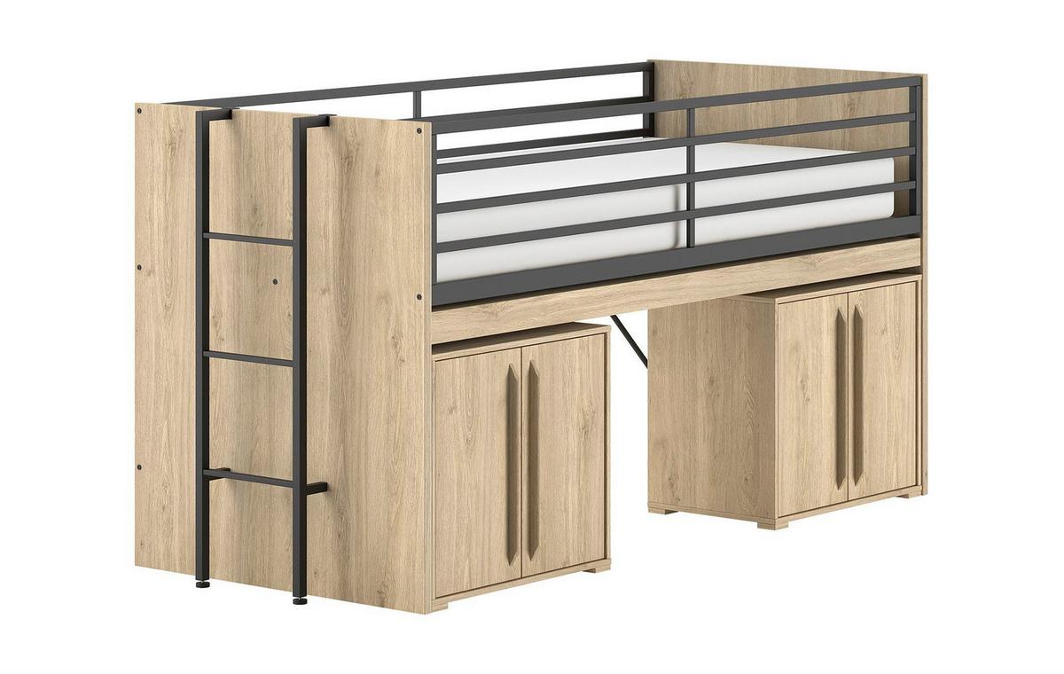 HALBHOCHBETT 90x200 Keelia Eiche mit Schreibtisch Stauraum - Eichefarben, Kunststoff (90/200cm) - 58aufmkessel