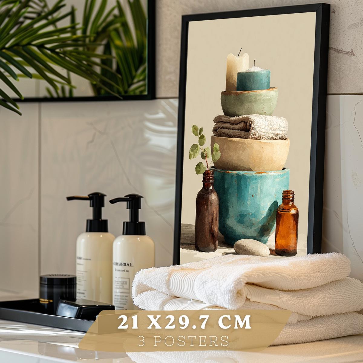 POSTER 3er-Set dekorative Badezimmerbilder im natürlichen Spa-Stil, Motive mit Handtüchern, Kerzen minimalistisches, Schwarzer Rahmen A4 - Schwarz, Papier (29.7/21/3cm) - Nacnic