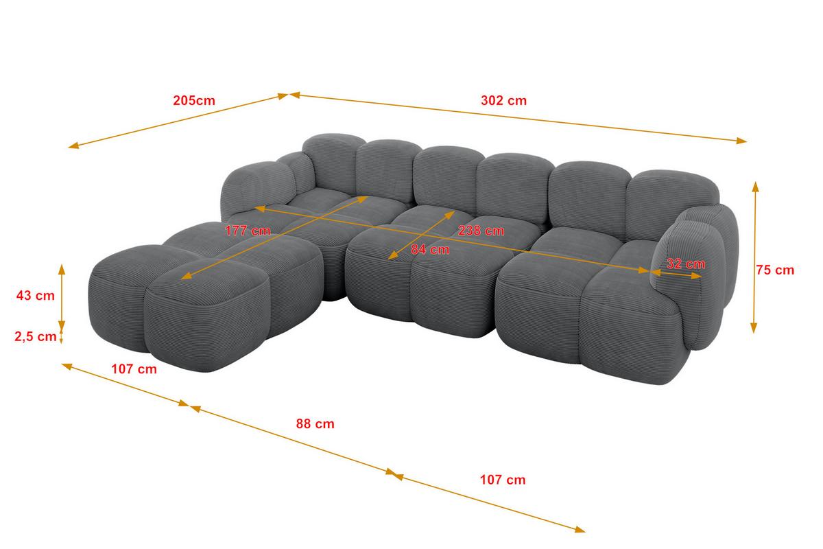 ECKSOFA modulares Sofa Links Miko-L2 302x205x75 Dunkelgrau Cord - Graphitfarben/Schwarz, Holzwerkstoff/Kunststoff (302/205cm) - ALTDECOR