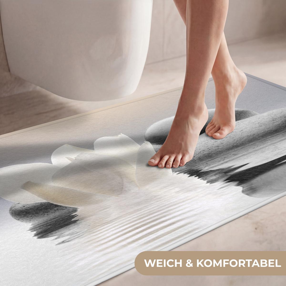 WC-VORLEGER Steine - Lotus - Weiß - Wasser - Zen WC Teppich 120x60 cm - Weiß, Textil (120/1cm) - OnlyWow