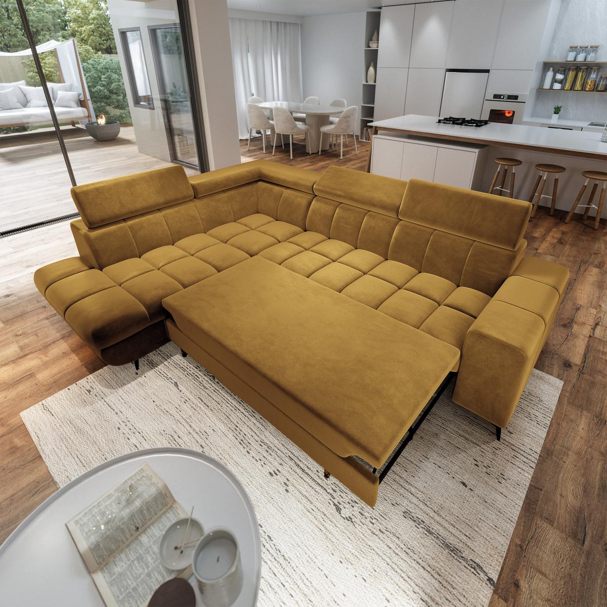 ECKSOFA MORIVA L-S Gelb Velours-Stoff mit Schlaffunktion - Gelb, Holz (253/190cm) - MASSENO