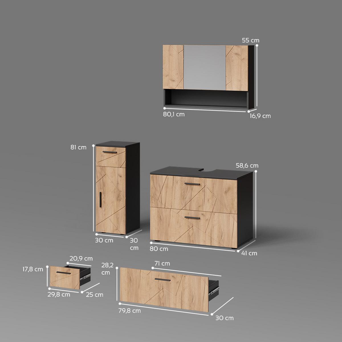 BADMÖBEL-SET Ronco Goldkraft Eiche/Anthrazit 3 Teile, mit Schubladenschrank und Midischrank - Honigeiche/Anthrazit, Holzwerkstoff (41/80/58cm) - Livinity®