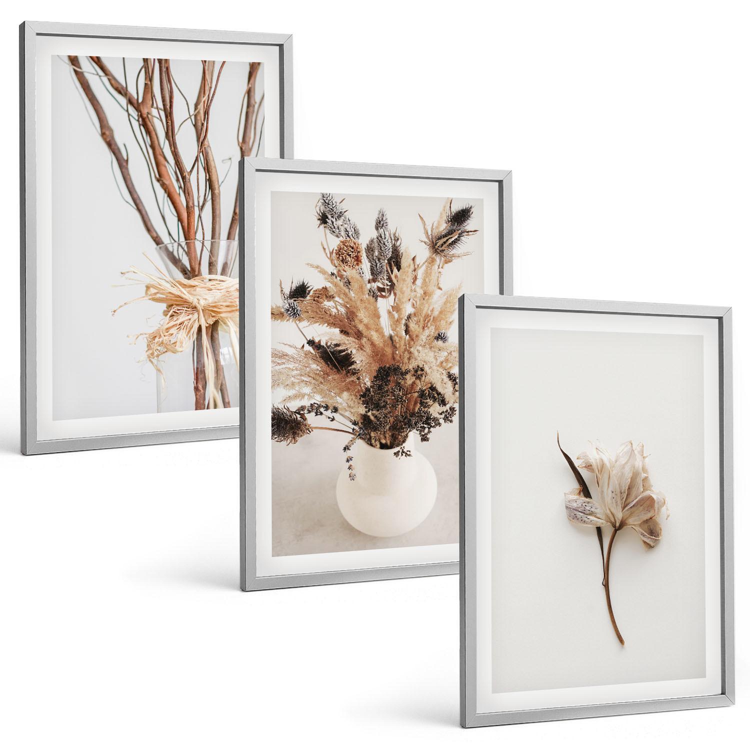 BILDER SET 3er Set - 40x60 cm Silberner Rahmen - Blumenzweige minimalistisch - Silberfarben, Kunststoff (40/60cm) - TULUP
