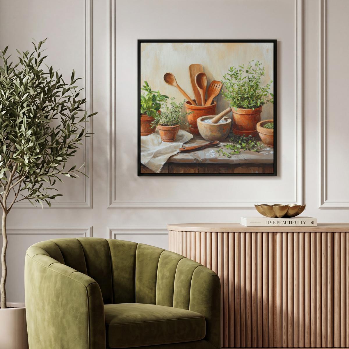 LEINWAND Bilder mit Rahmen - Töpfe - Kräuter - Holz - 50x50 - Terracotta, Textil (50/50cm) - MuchoWow