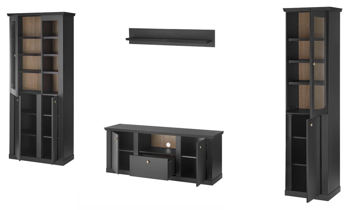 WOHNWAND schwarz matt, Eiche 4-teilig 319 cm, Wohnkombination mit Soft-Close - Eichefarben/Messingfarben, Glas/Holzwerkstoff (319/200/42cm) - Furn.Design