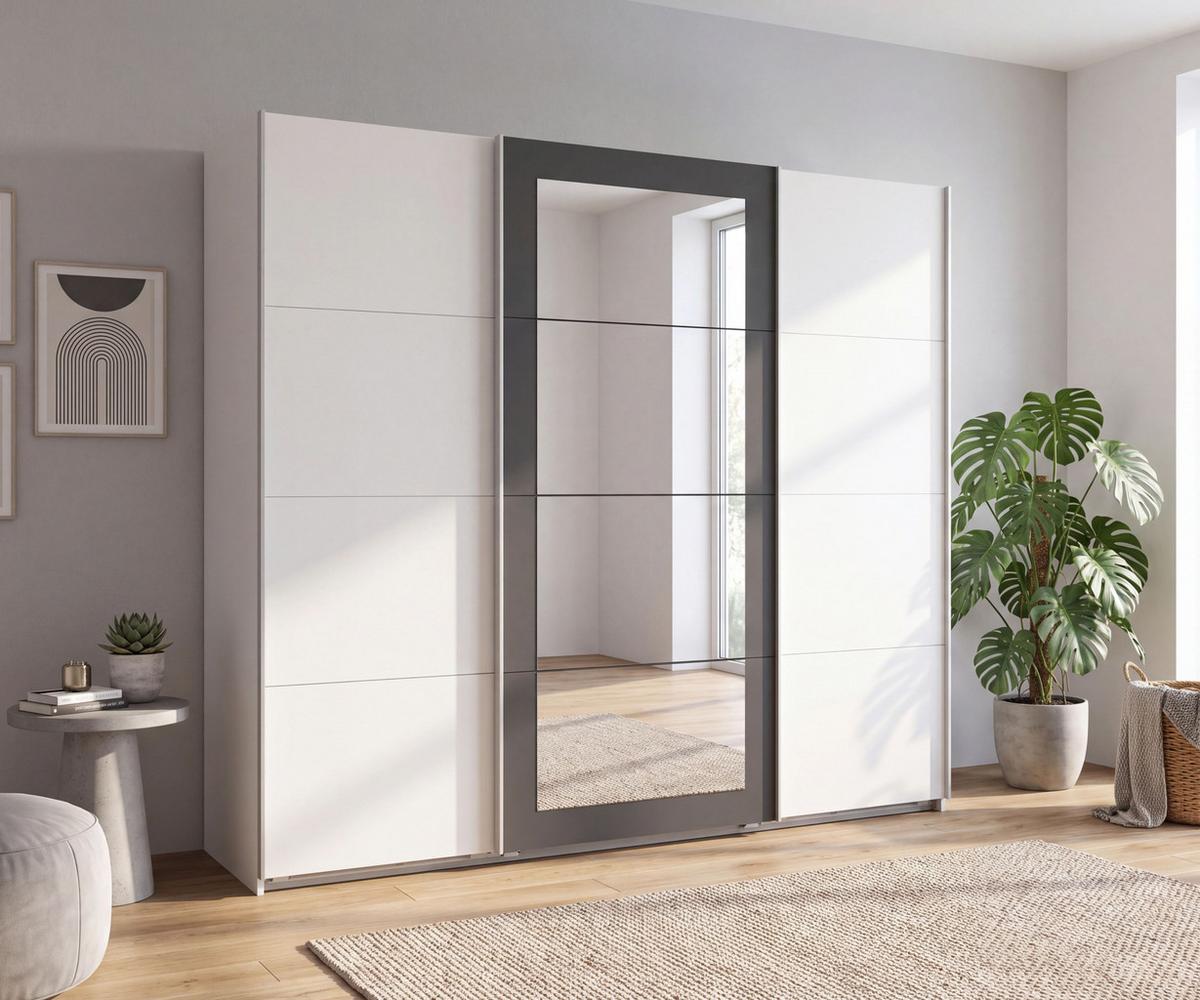SCHWEBETÜRENSCHRANK 3-türig B225/H208/64 cm Kleiderschrank in Weiß, Spiegel umrahmt in Grafit, Griffe Weiß / 22626 - Graphitfarben/Weiß, Holzwerkstoff/Metall (225/208/64cm) - luma-home