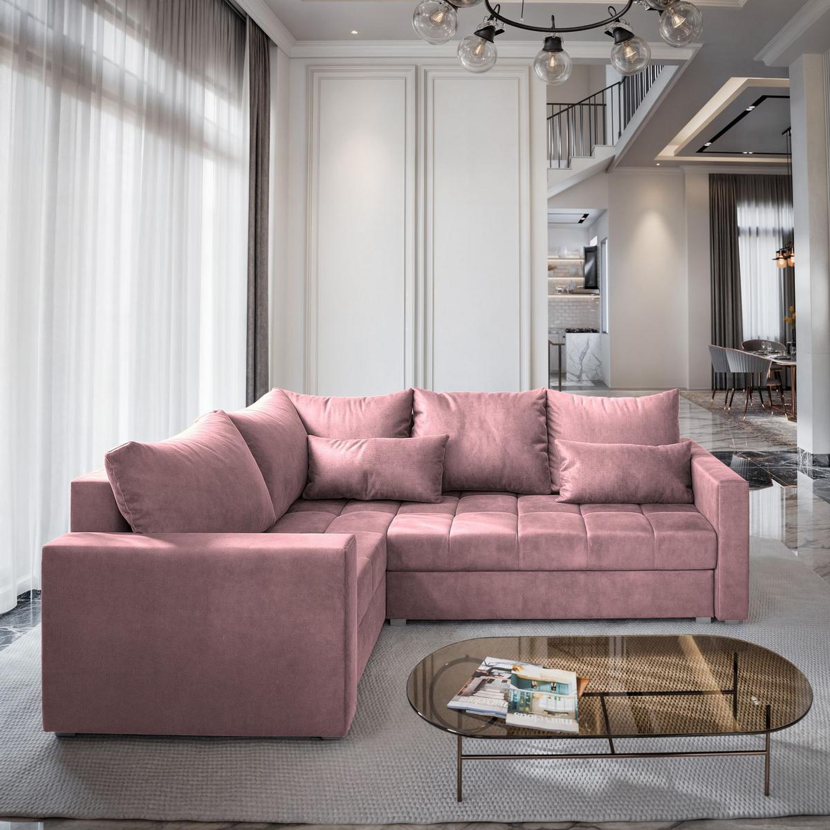 ECKSOFA LIRENO R-S Rosa Plüsch-Stoff mit Schlaffunktion - Rosa/Grau, Holz/Kunststoff (220/153cm) - MASSENO