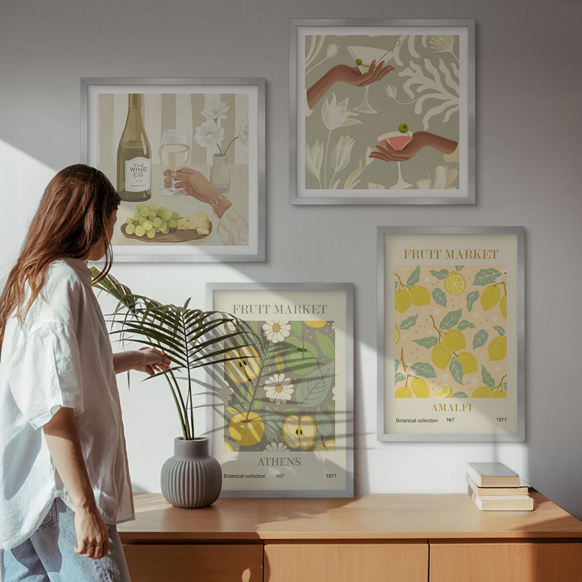 BILDER SET 4er Set - 50x50 cm & 40x60 cm Silberner Rahmen - Fruchtige Muster italienischer Wein - Silberfarben, Kunststoff (50/50cm) - TULUP