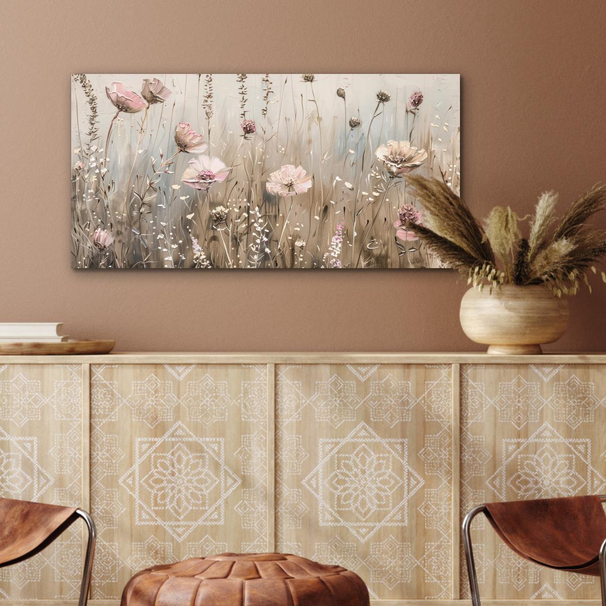 METALLBILD Blumen - Rosa - Modern - Beige 80x40 cm - Beige, Metall (80/40cm) - MuchoWow